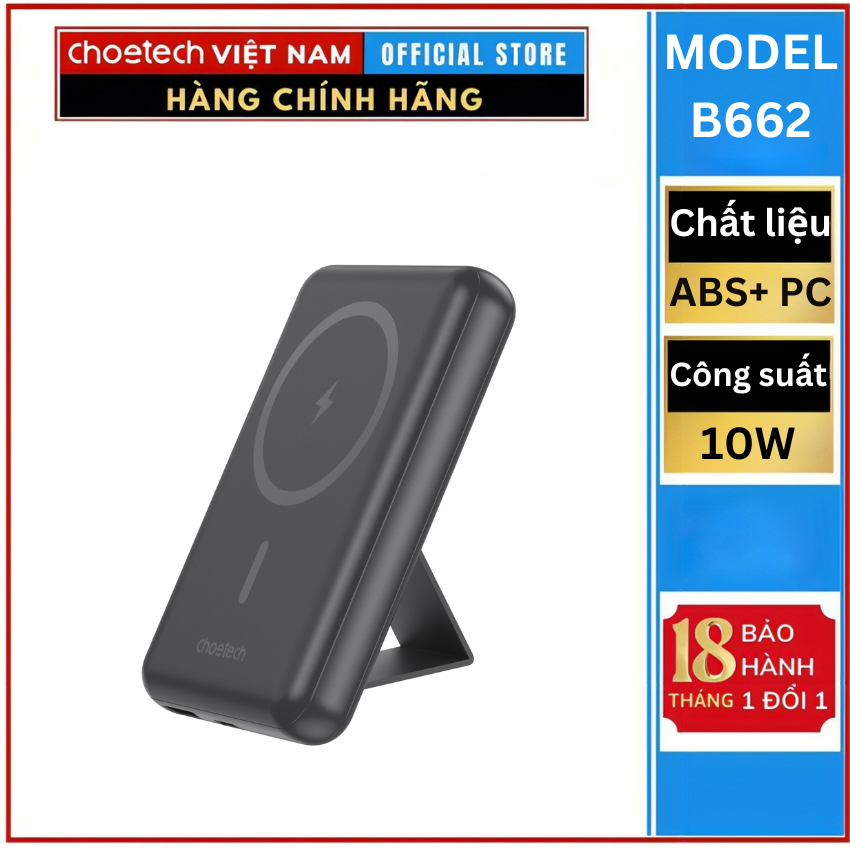 Pin sạc dự phòng Choetech B662 không dây kèm chân đỡ công suất 10w dung lượng 5000mAh (Hàng chính hãng)