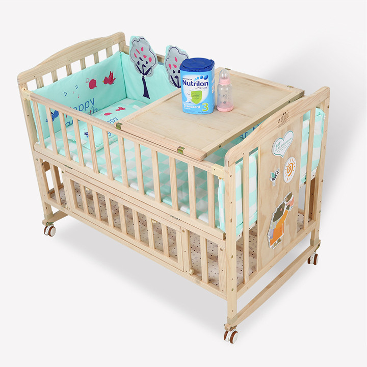 Cũi gỗ 2 tầng kích thước 1m2 có thể kéo dài thành giường 1m6 tặng kèm đệm sơ dừa , màn chống côn trùng