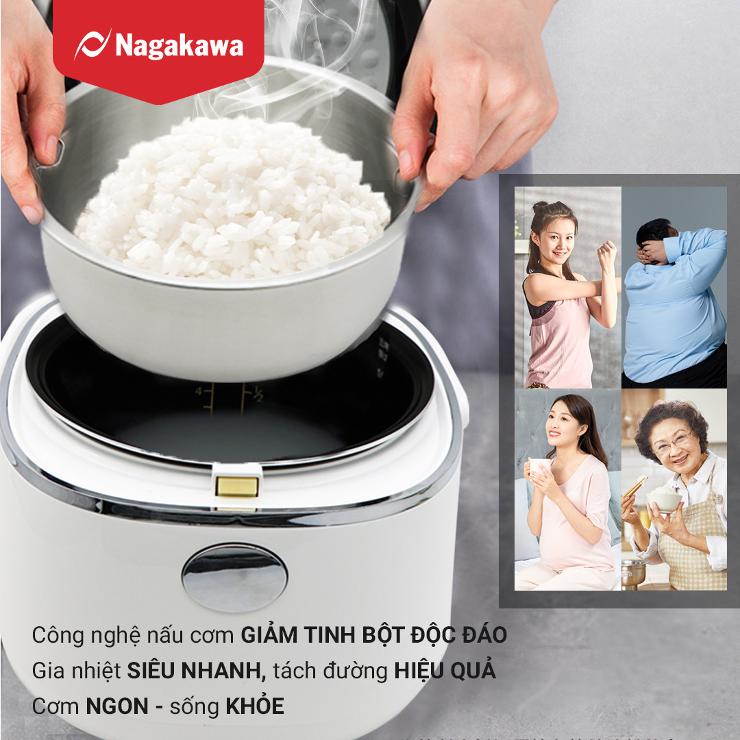 Nồi Cơm Điện Tử Cảm Ứng Nagakawa NAG0136 - Giảm tinh bột - Lòng niêu chống dính - 11 chức năng (1.2L - 500W) - Hàng Chính Hãng