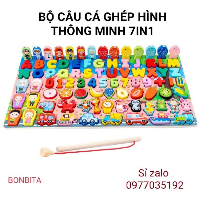 Đồ chơi phát triển trí tuệ bằng gỗ 7 trong 1 Bảng học chữ số đếm, câu cá cho bé