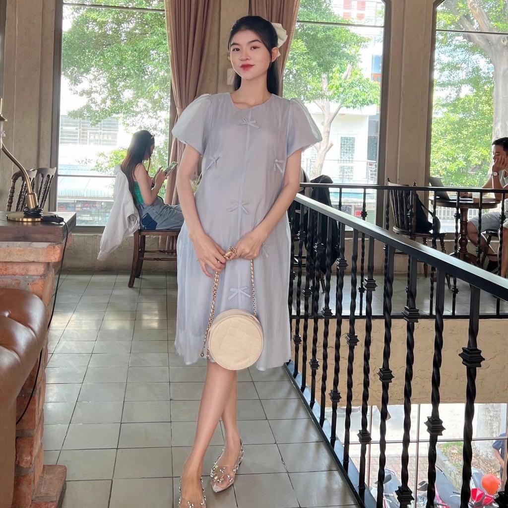 Đầm bầu tơ phom suông đính nơ nhẹ nhàng, dễ thương, sang chảnh - Hồng