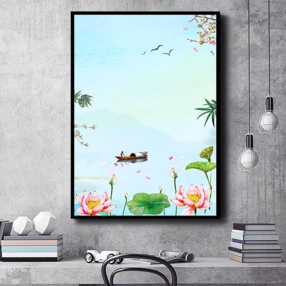 Tranh đơn canvas treo tường Decor Họa tiết hoa sen và người lái đò - DC167