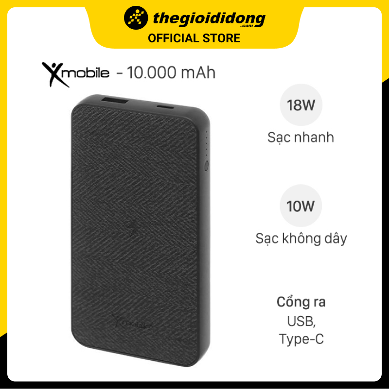 Pin sạc dự phòng không dây Polymer 10.000 mAh Type C PD QC3.0 X-mobile PowerLite P106WD - Hàng chính hãng