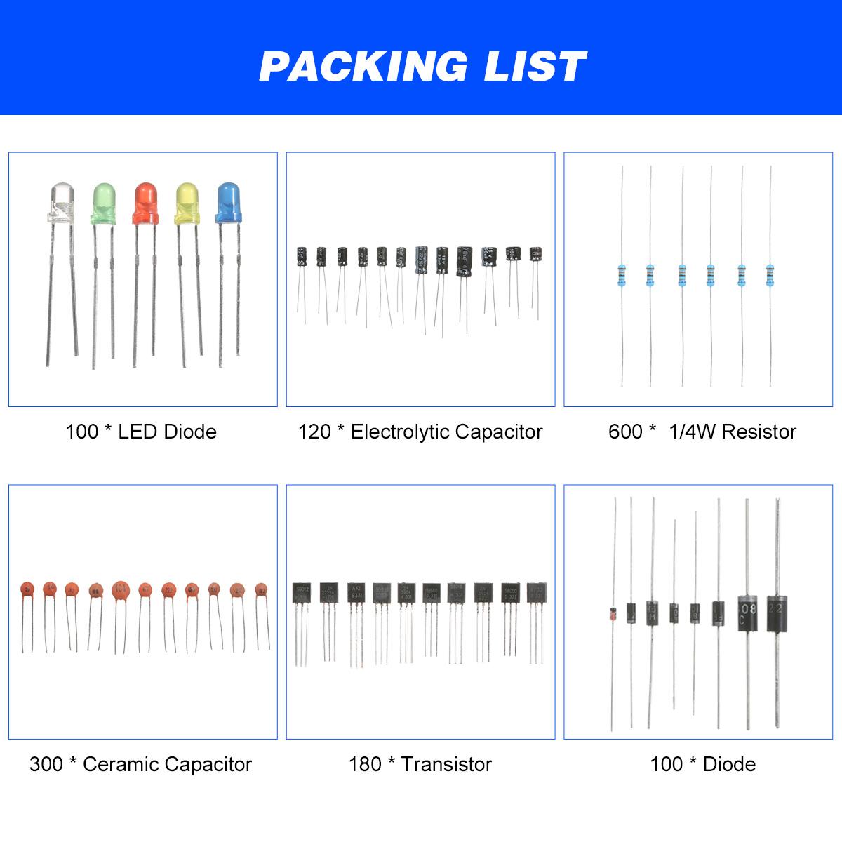 1400PCS Electronic Components Assortment Kit Assorted Electric Element Starter Kit with 1/4W Resistance LED Diode