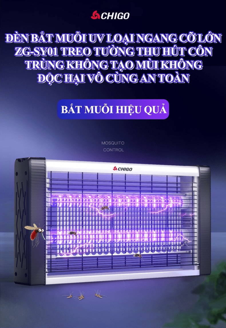 Đèn bắt muỗi UV diệt muỗi bằng lưới điện cao áp loại ngang cỡ lớn ZG-SY01 treo tường thu hút côn trùng không tạo mùi không độc hại - JL