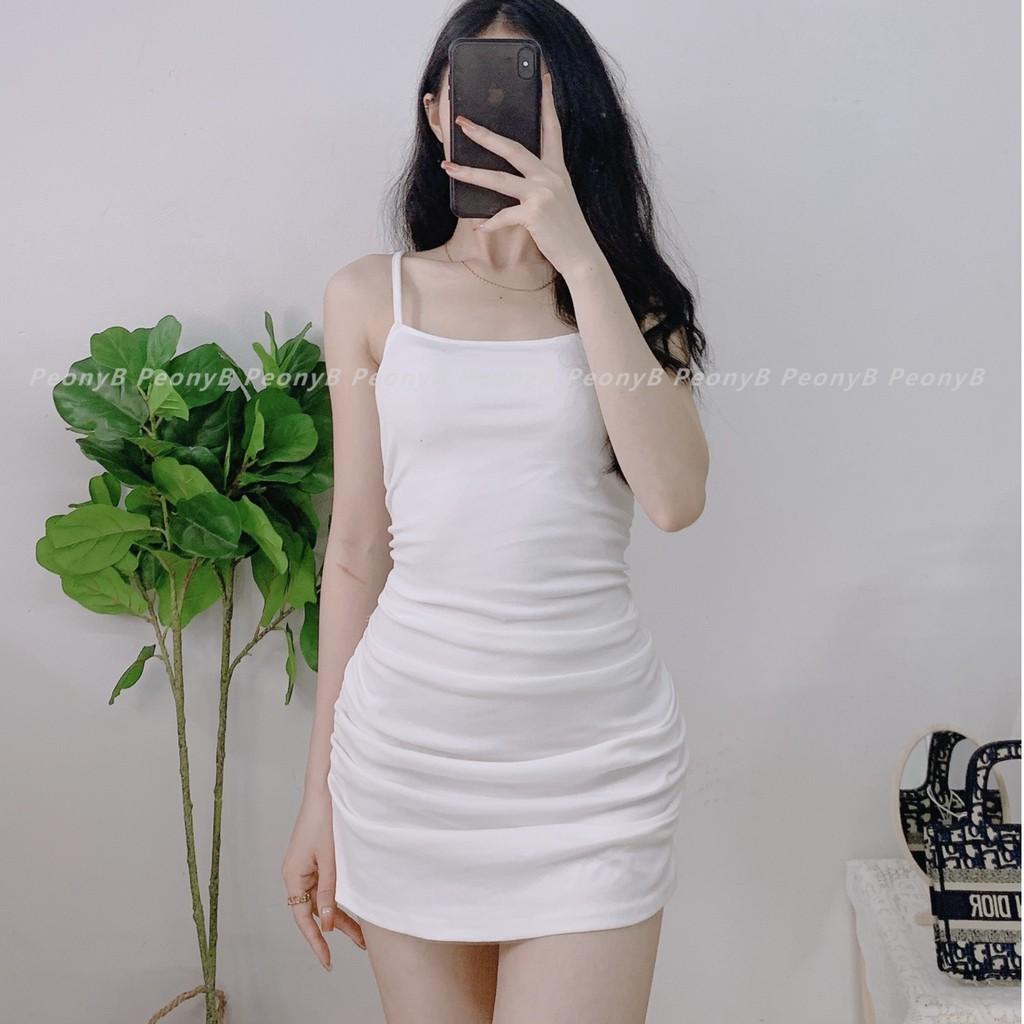 Váy đầm ôm body hai dây sợi bún bóp eo sexy 3 màu đen trắng tím ulzzang nữ