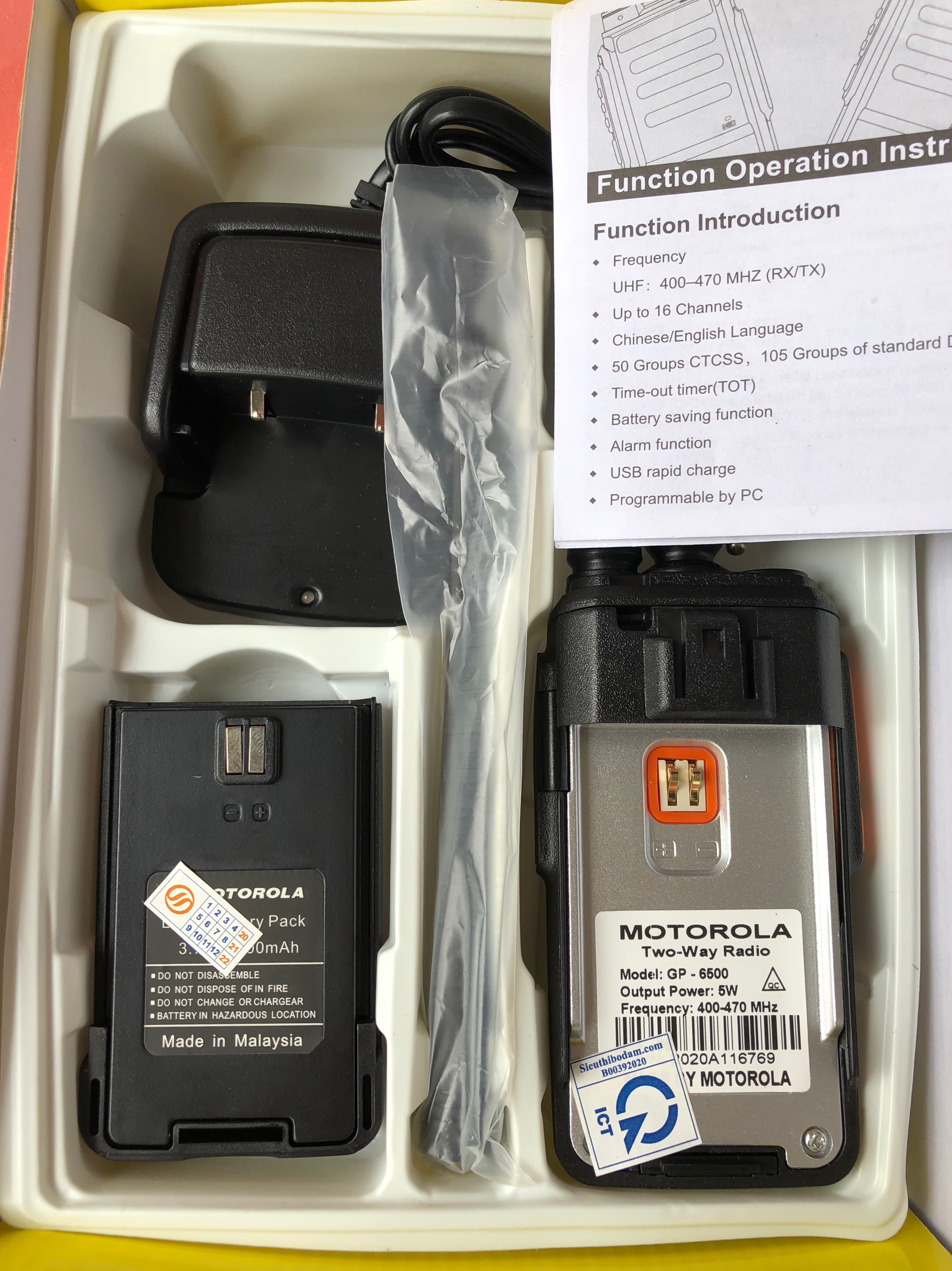 01 Bộ đàm Motorola GP6500, Gọi xa 1- 2km, pin sử dụng lên tới 12h liên tục – Hàng nhập khẩu