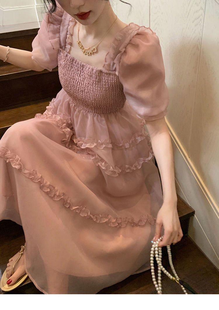 TOBE1SHOP Váy màu hồng nàng tiên Pháp ren Bouffant váy công chúa váy bánh váy lưới nàng tiên thắt lưng đầm