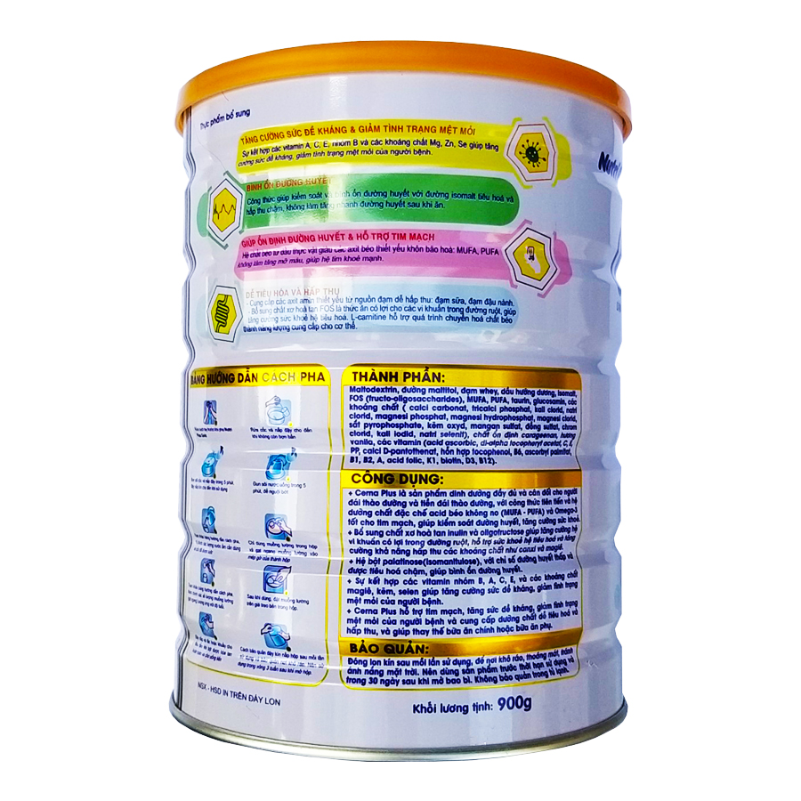 Sữa bột  dinh dưỡng Nutri Plus CERNA PLUS sữa cho người tiền tháo đường và tháo đường (900g) Sunbaby NTCESBTC2019