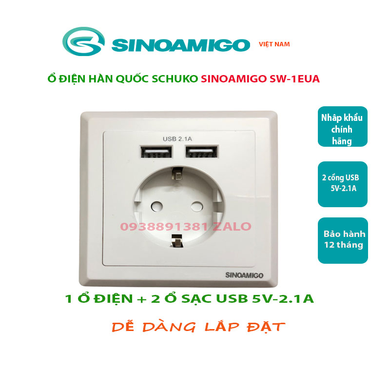 Ổ cắm điện Schuko (chuẩn Hàn Quốc) có 2 cổng USB 5V-2.1A Sinoamigo SW-1EUA chính hãng