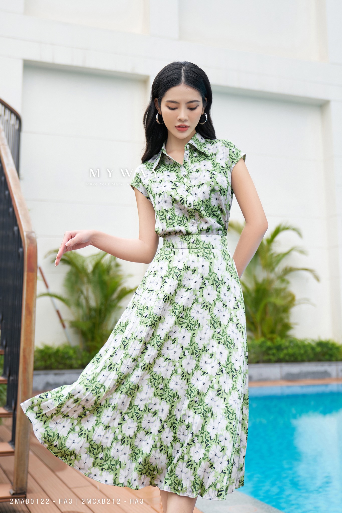 Set Áo Sơ Mi Và Chân Váy Xòe Rủ Nữ My Way Đi Chơi Ngắn Tay Họa Tiết Hoa Thanh Lịch 2MAB0122 - 2MCXB212 HA3