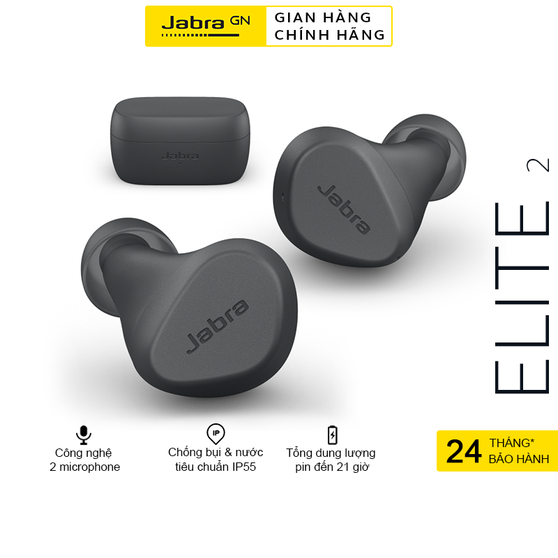 Tai Nghe Bluetooth Jabra Elite 2 | Thương hiệu Đan Mạch | Chống Nước IP55 | Công nghệ chống ồn từ Jabra | Nghe Nhạc lên đến 21H | Hàng Chính Hãng