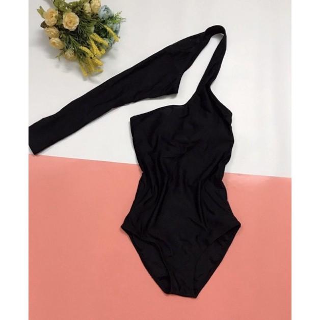 freeship Bikini, bộ bơi liền thân lệch vai tay dài, màu đen siêu sang chảnh - EVA shop