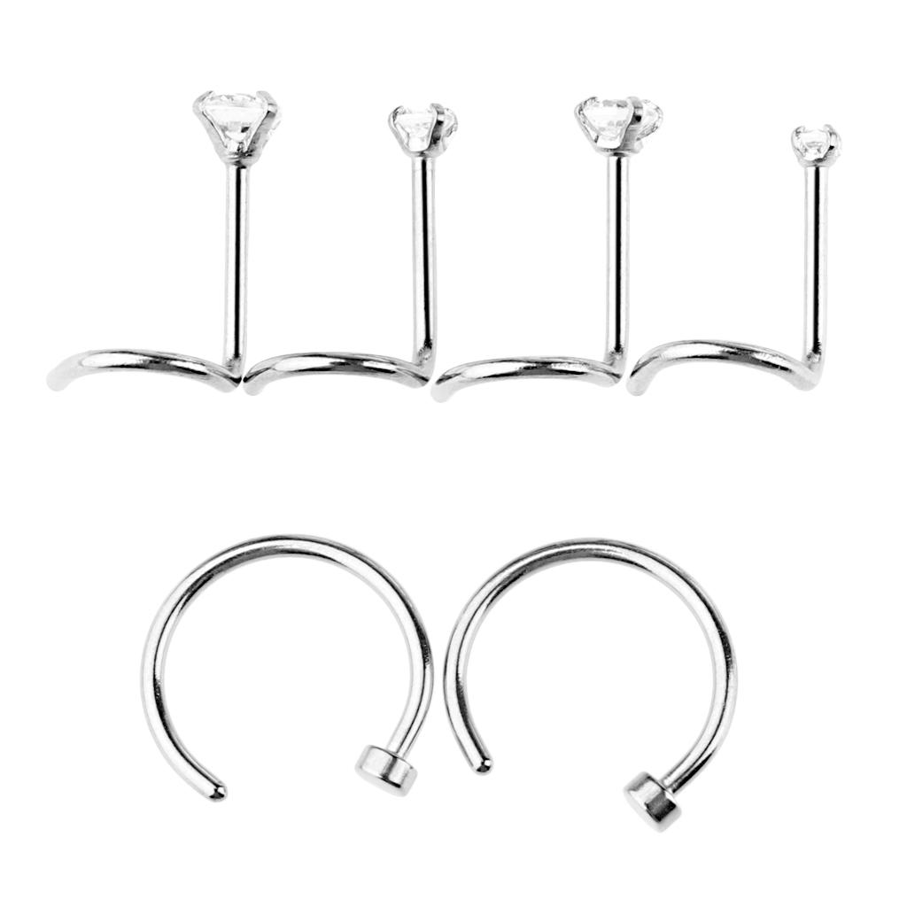 6Pcs Nose Lip Ring Stud Stainless Steel Crystal 20g Curved Helix Piercing