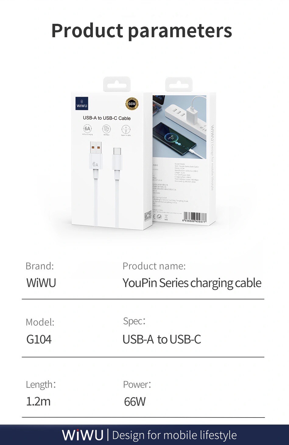 Cáp sạc nhanh Wiwu USB A sang USB C G104 1,2m cho máy tính bảng, macbook, laptop sạc nhanh 66W, làm bằng TPE dẻo - Hàng chính hãng