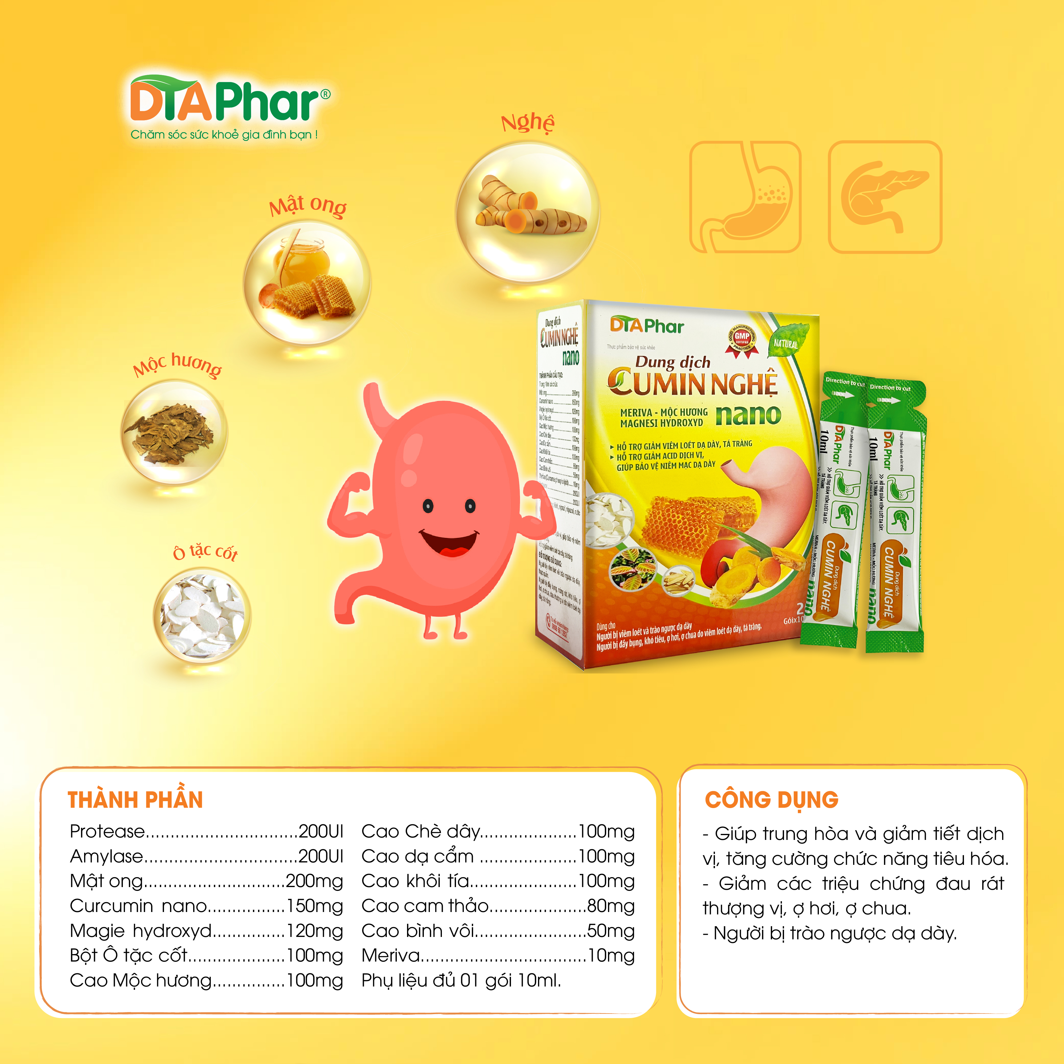 Dung dịch uống CUMIN NGHỆ NANO giảm nhanh đau rát ợ hơi ợ chua trào ngược dạ dày Hộp 20 gói x 10ml Tâm An Pharma