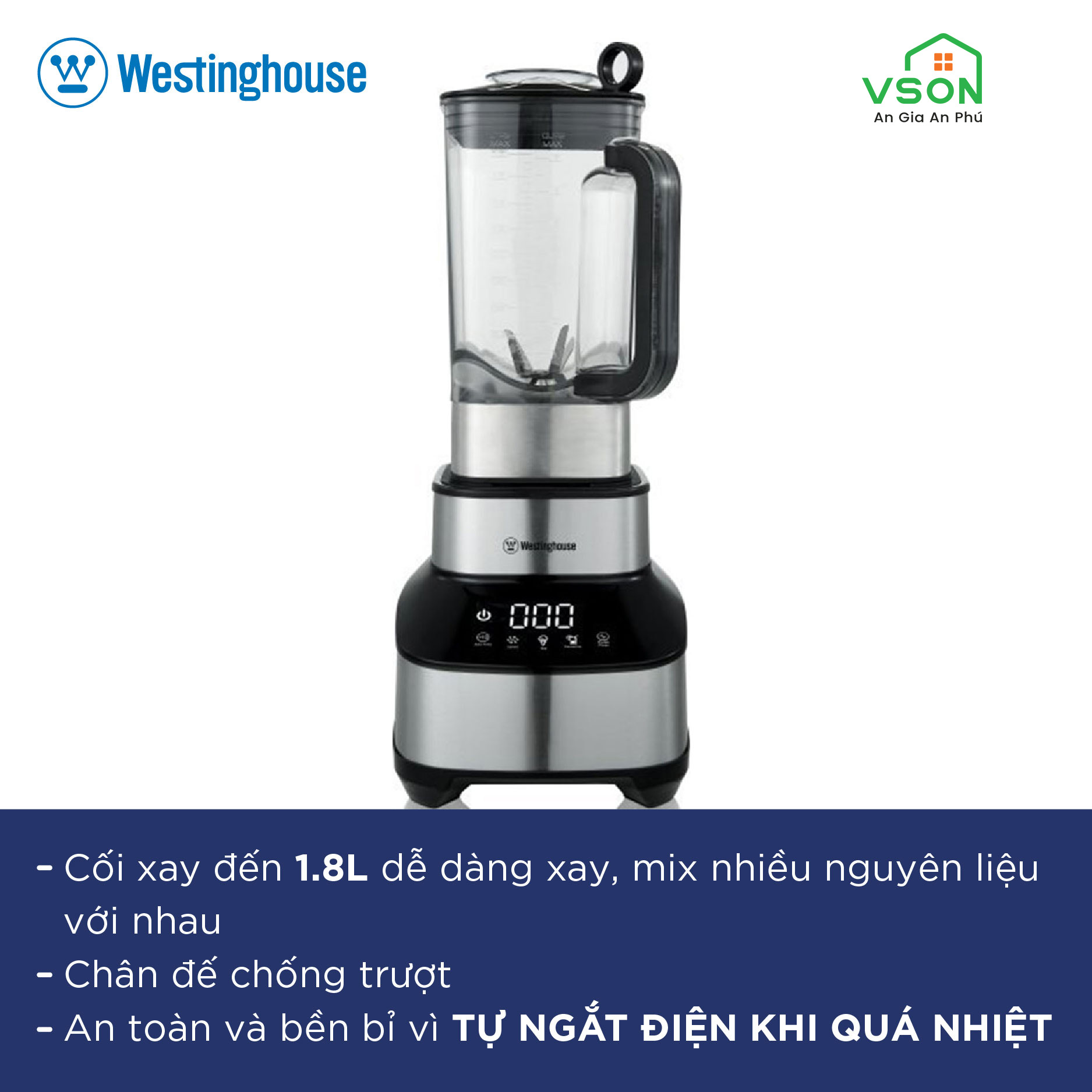 Máy xay sinh tố WestingHouse WKBE688 Màn hình cảm ứng Công suất 1600W Dung tích 1.8L - 8 tốc độ, lưỡi xay thép không gỉ - Hàng chính hãng Mỹ