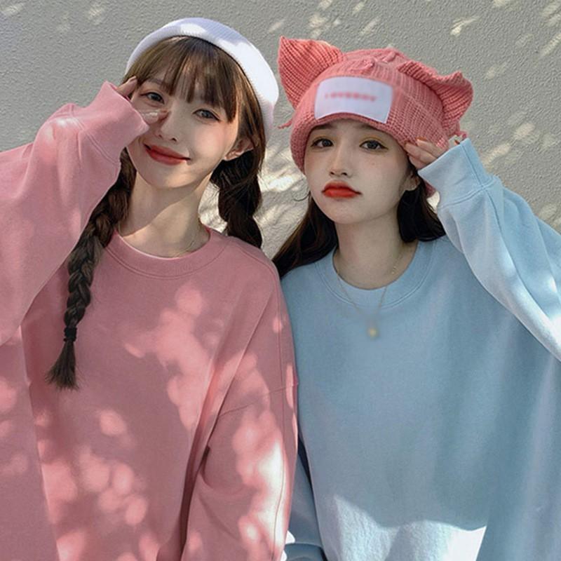 Áo Len Dài Tay Cổ Tròn Dáng Rộng Màu Sắc Ngọt Ngào Phong Cách Hàn Quốc