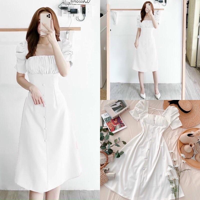 Đầm xếp ly ngực tay phồng