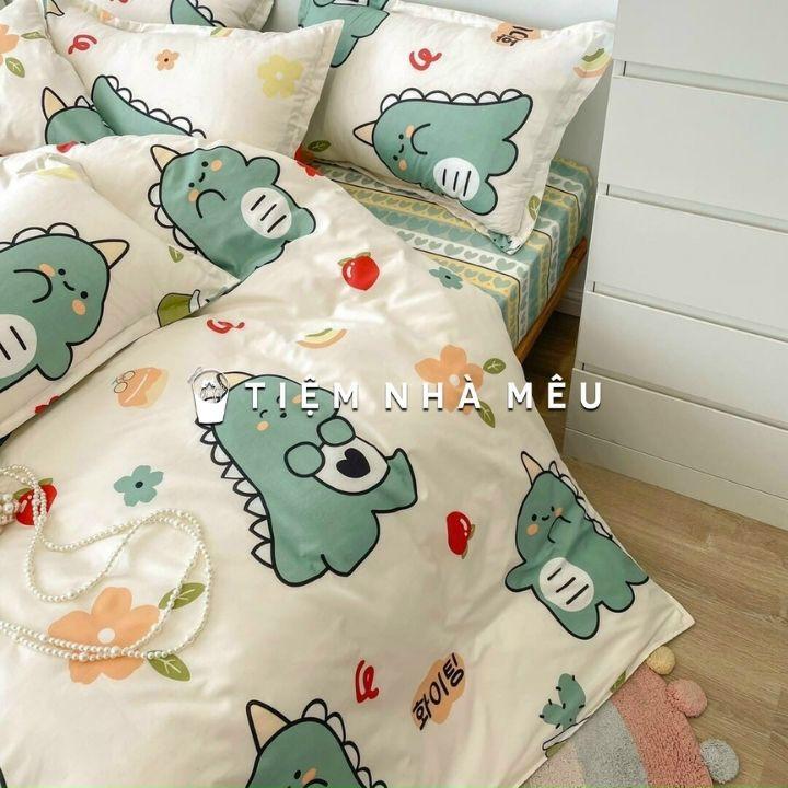 Bộ Chăn Ga Gối Cotton 80% m6/m8/2m-Tiệm Nhà Mêu 2 Vỏ gối ,drap , vỏ chăn Cotton Dino Xanh Cao Cấp Nhập Kh