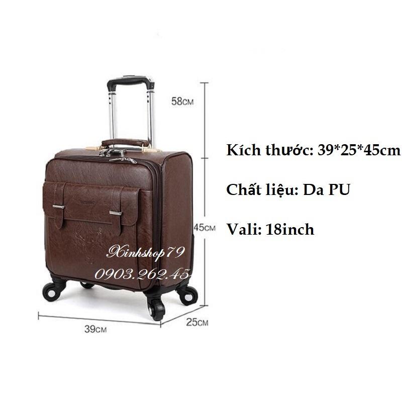 Vali kéo du lịch size 18inch, chất liệu da PU cao cấp bền đẹp, bánh xe xoay linh hoạt chịu lực tốt, có ngăn để laptop