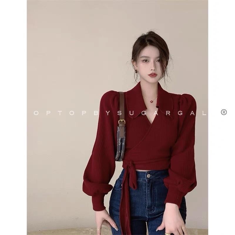 Áo croptop vạt chéo cổ sơ mi tay bồng thắt nơ dây cột màu đỏ ấm áp - by CBS