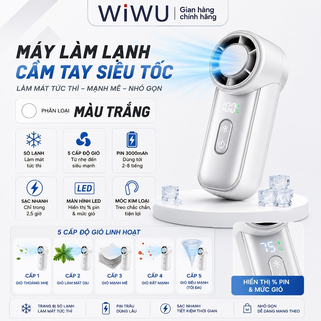 Quạt turbo cầm tay sò lạnh FrostJet TurboCool gió siêu mạnh, Pin sạc 3000mAh WIWU Wi-FS018 làm mát tức thì màn hình LED - Làm mát tức thì – Gió siêu mạnh – Nhỏ gọn tiện mang theo - Hàng nhập khẩu
