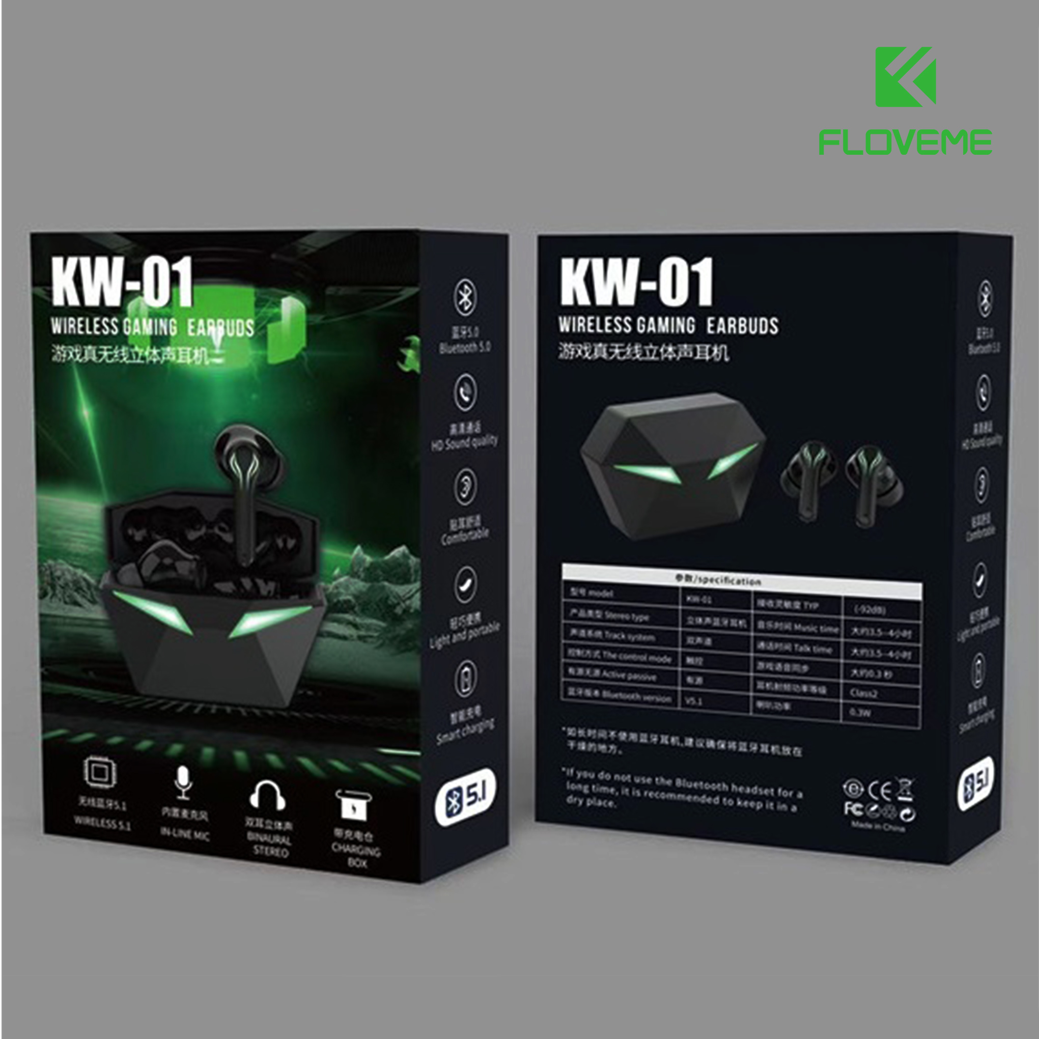 Tai Nghe Gaming Không Dây Bluetooth KW01 FLOVEME - Chống nước tiêu chuẩn IPX5 - Độ trễ cực thấp - Âm bass mạnh mẽ - Thiết kế nhỏ gọn sang trọng  - Hàng chính hãng