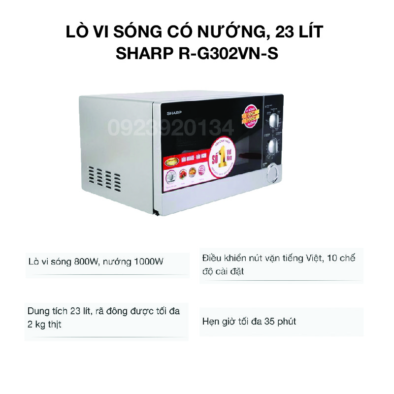 Lò vi sóng có nướng, 23 lít Sharp R-G302VN-S