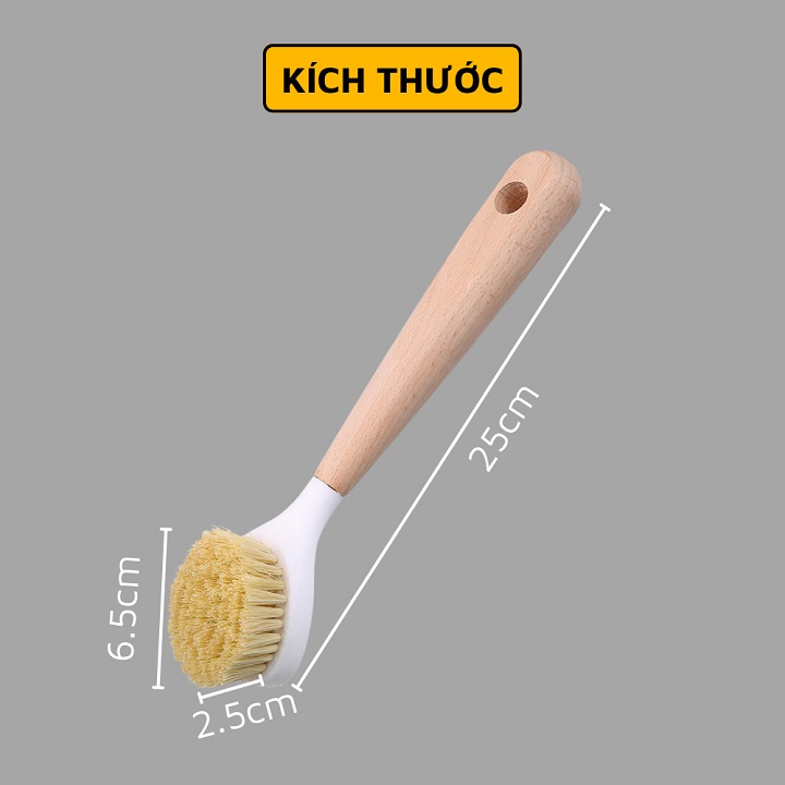 Bàn Chải Chà Xoong Nồi / Niêu / Chảo Đa Năng Cán Gỗ Có Móc Treo Tiện Lợi 25cm
