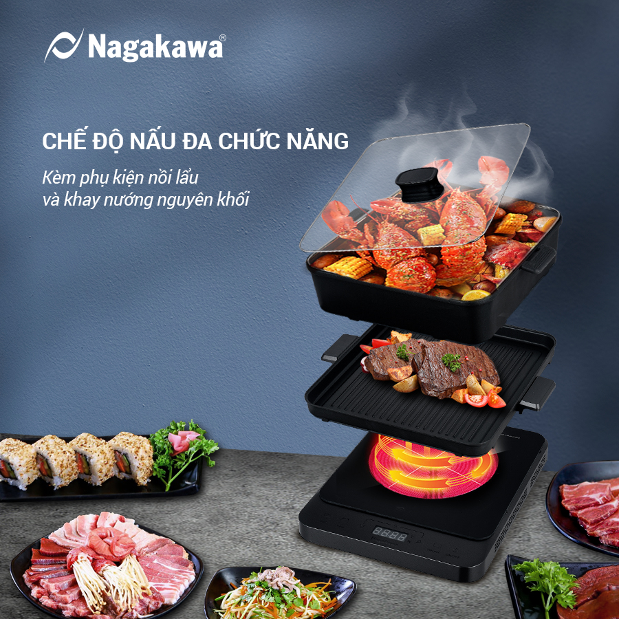 Bếp điện từ đa năng Nagakawa NAG0717 - Kèm nổi lẩu và vỉ nướng chuyên dụng - Hàng chính hãng