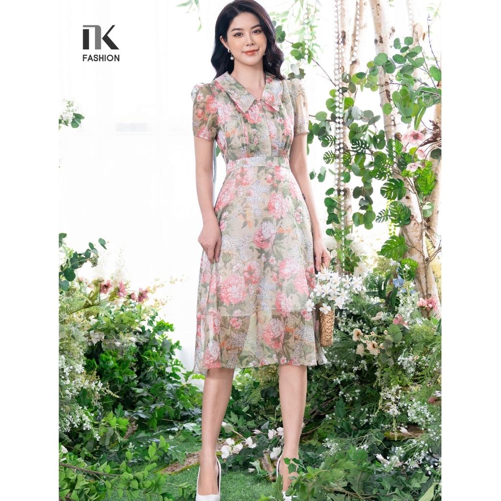 Đầm Dáng Xòe Nữ NK Fashion Cổ Sen Kèm Nơ Rời Họa Tiết Hoa Nữ Tính, Chất Vải Cao Cấp Mềm Mịn NKDV2204004