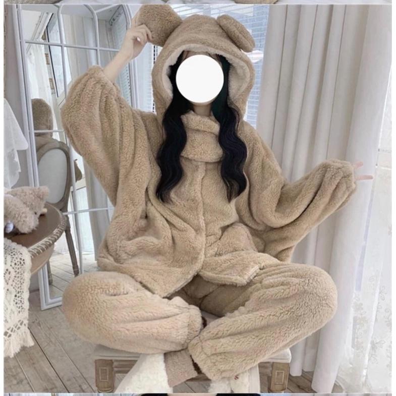 Bộ đồ ngủ tai gấu mùa đông màu nâu be Hàn Quốc Chất lông dày dặn from rộng ULZZANG, XUONGMAYSIGIARE