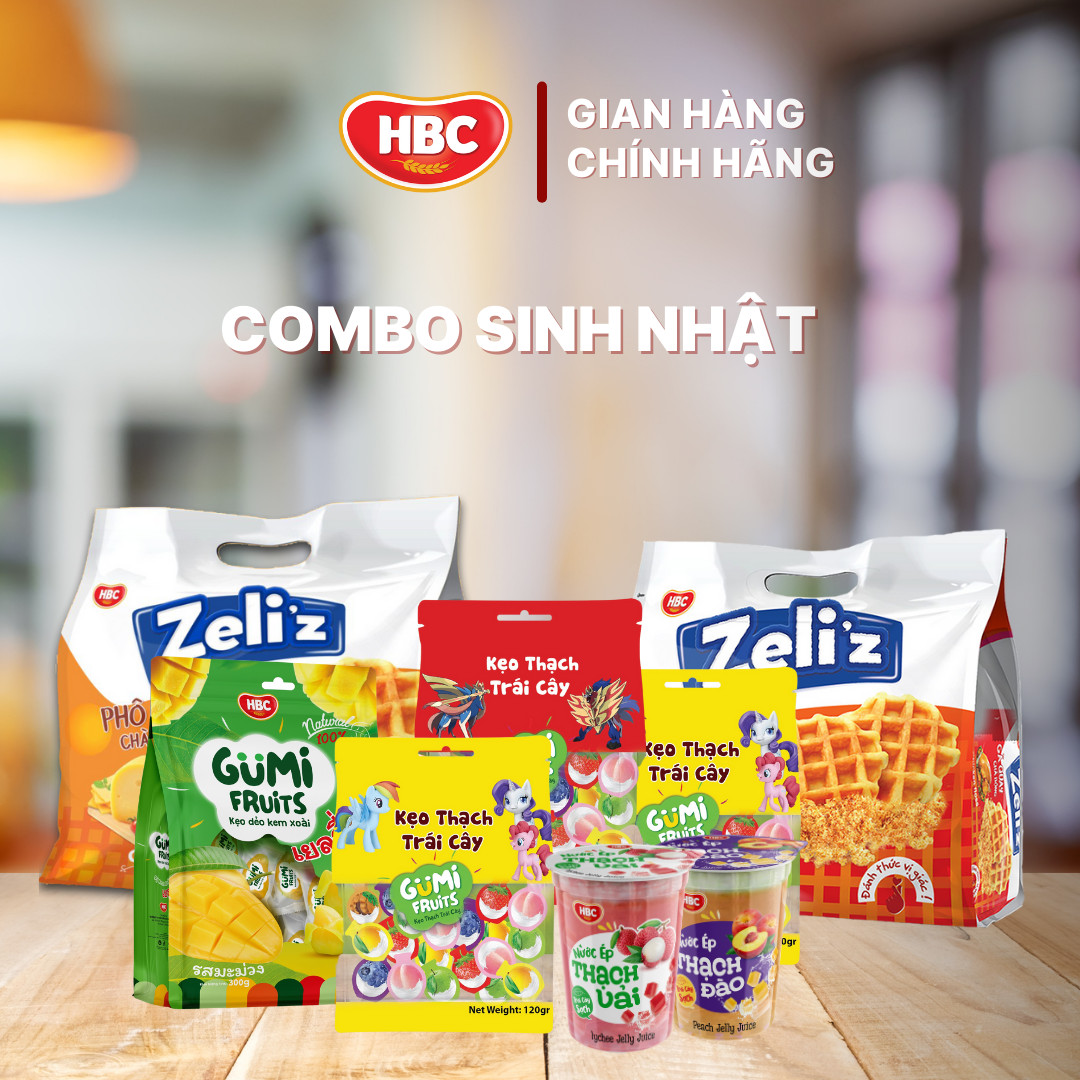 Combo Brithday - Trọn gói bánh kẹo - 3 Gói kẹo thạch trái cây 120Gr + 2 Lốc nước ép thạch mix vị 220Gr + 1 Gói kẹo Xoài 300Gr + 2 Gói bánh chà bông Zeli'z mix vị 156Gr - HBC Foods - Hàng chính hãng