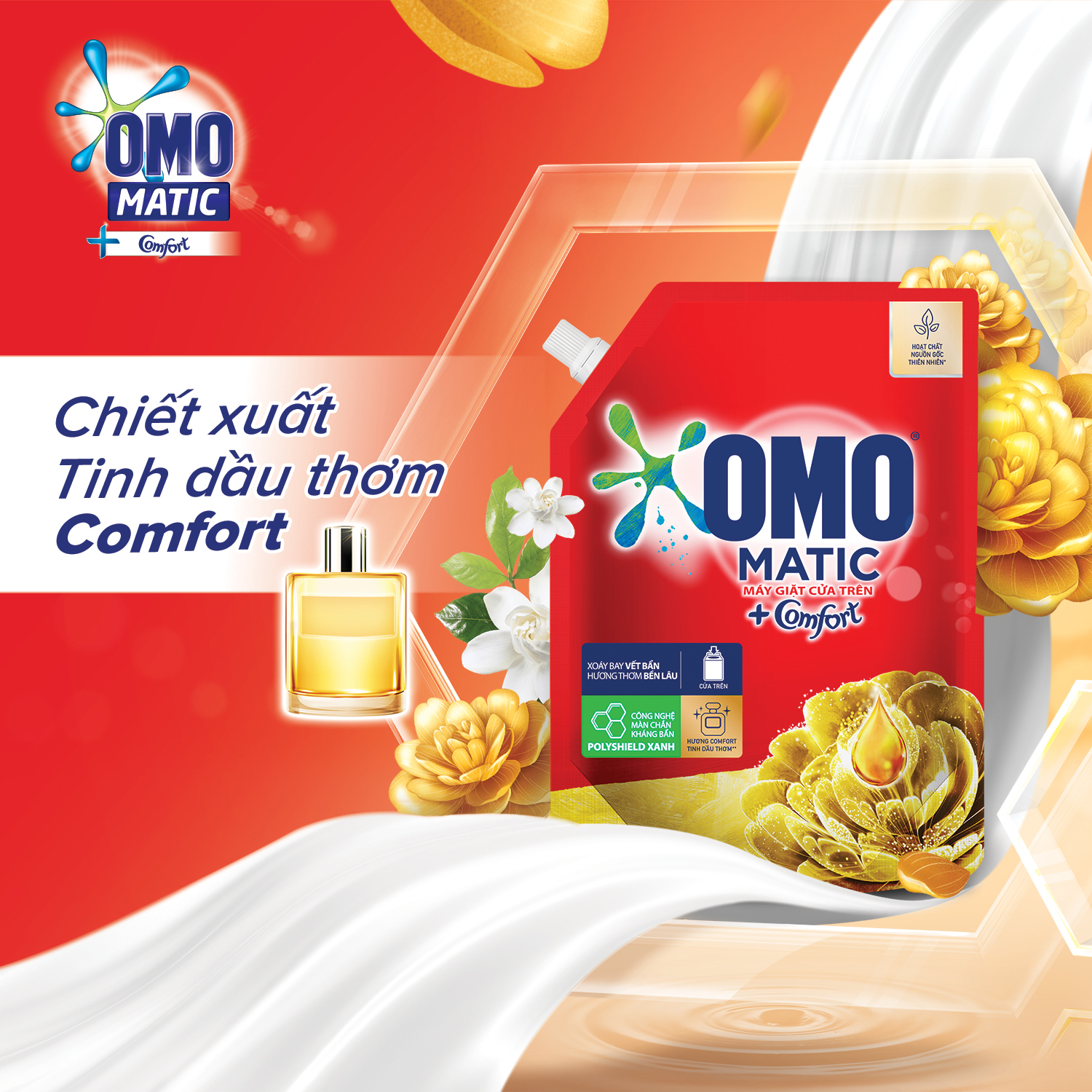 Túi Nước Giặt Omo Matic Comfort Cho Máy Giặt Cửa Trên Hương Tinh Dầu Thơm Xoáy Bay Vết Bẩn, Hương Thơm Bền Lâu 2.8Kg