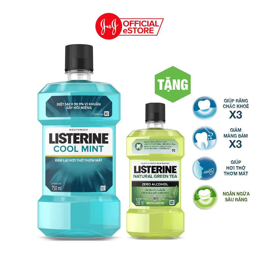 Bộ 2 Nước súc miệng Listerine Cool Mint 750ml + 1 trà xanh 250ml