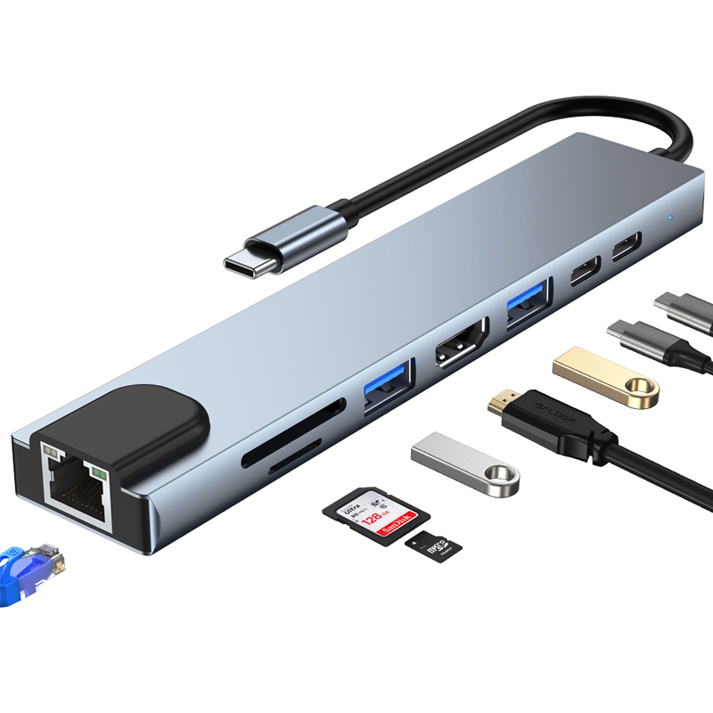 Cổng chuyển USB 8 in 1 HDMI 4K 60Hz/ USB-C Hub/ TF/ SD/ RJ45 1000Mbps/ USB 3.0 cho Macbook, PC và Devices - 8in1-1 4K 60Hz