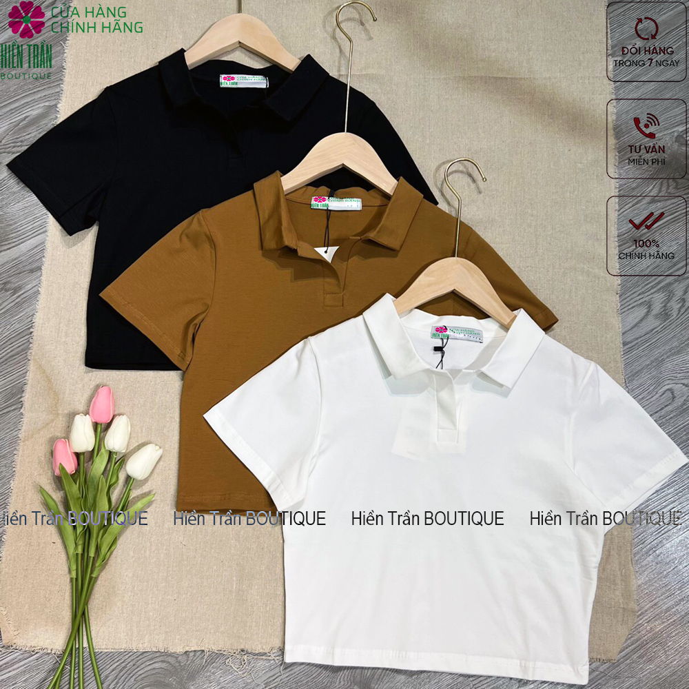 Hình ảnh Áo croptop Hiền Trần BOUTIQUE nữ có cổ vải cotton co giãn thoáng mát croptop ngắn tay thun đẹp nhiều màu