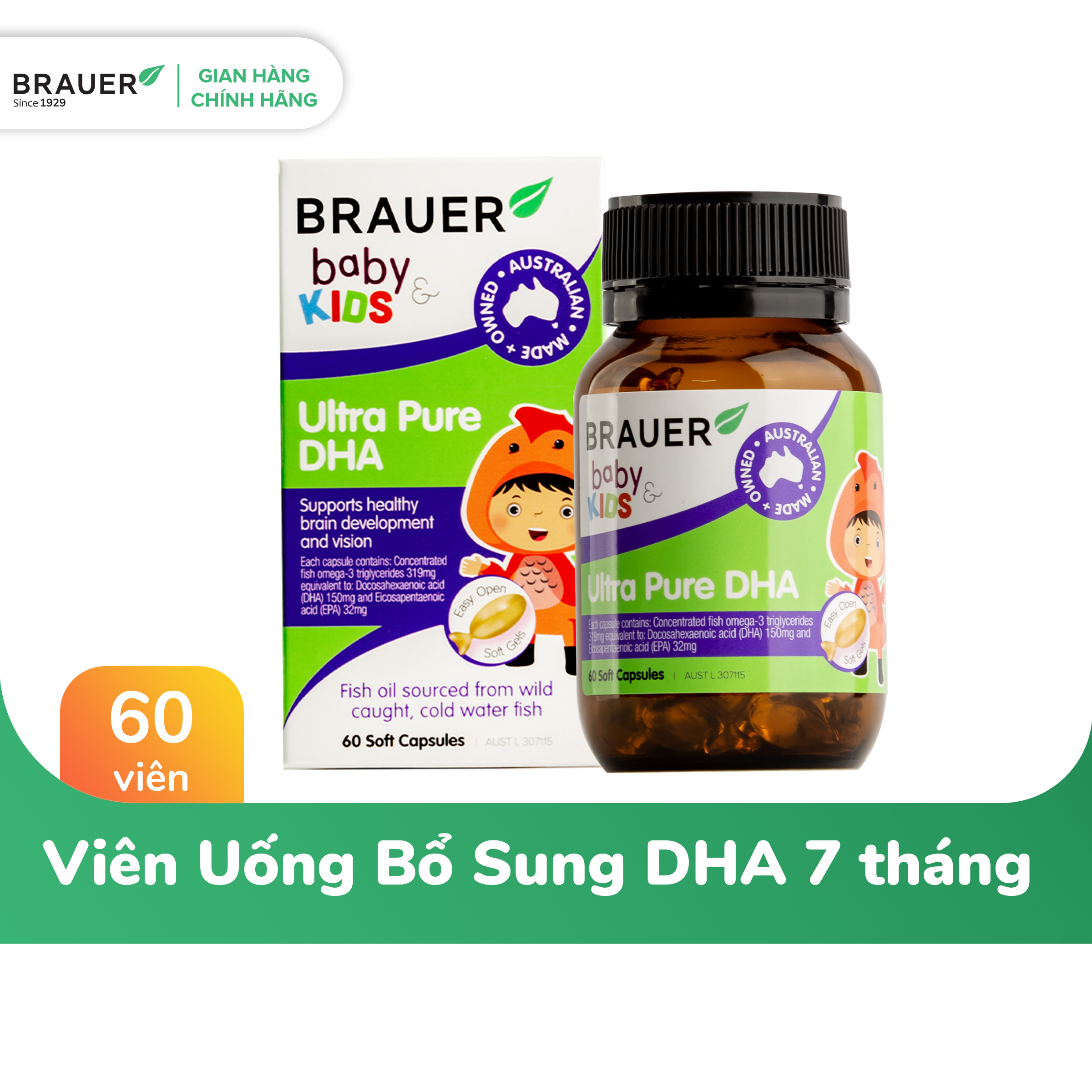 DHA tinh khiết dạng viên Ultra Pure DHA Brauer Úc cho trẻ từ 7 tháng tuổi + Tặng khăn Cotton xuất khẩu