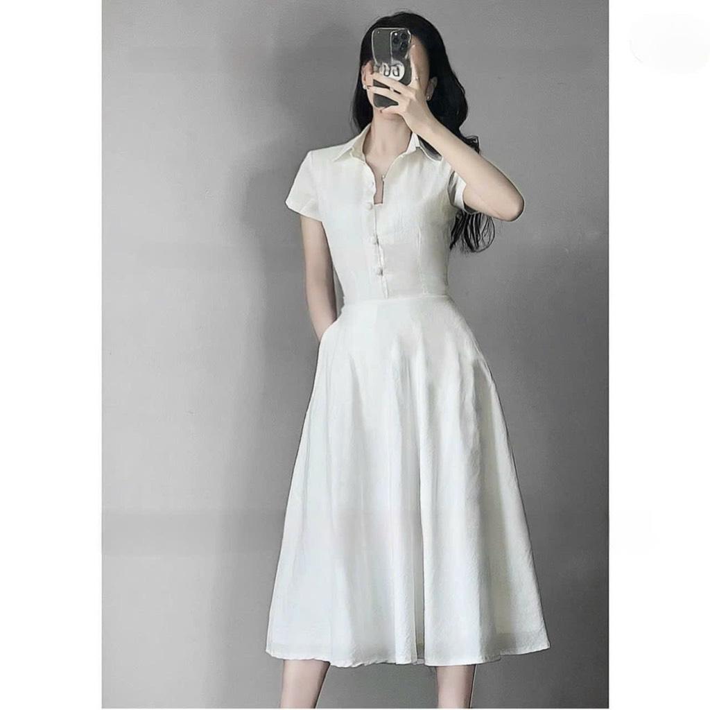 Đầm xoè sơmi nút bọc 2 túi