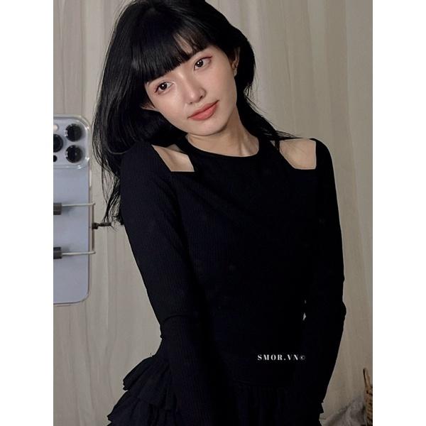 Áo thun tay dài nữ, áo thun nữ croptop khoét hở vai ống tay xẻ loe, form ôm body phong cách Hàn Quốc sexy quyến rũ AO014