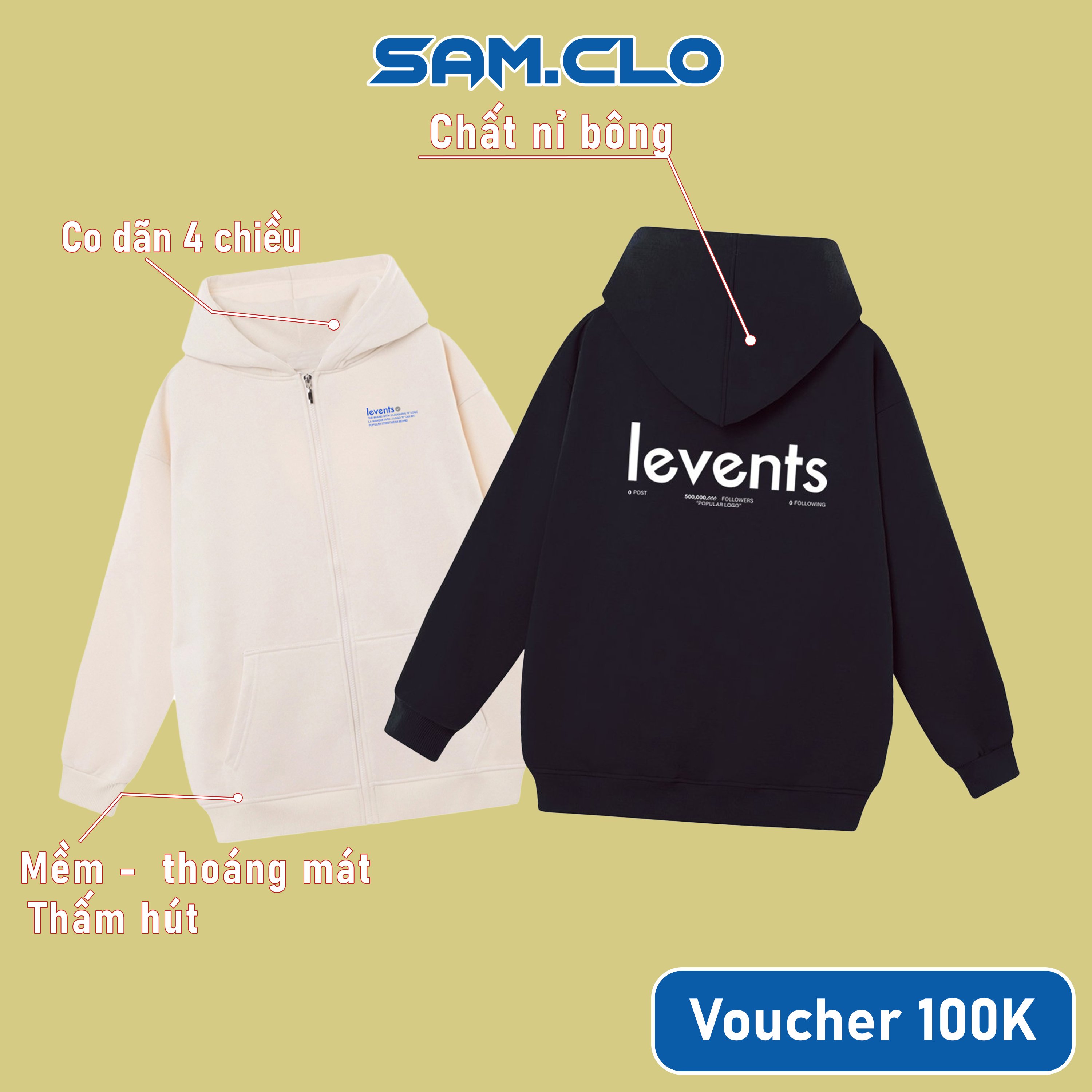 Áo khoác Hoodie Zip nam nữ SAM CLO - Áo khoác nỉ có mũ tay dài thu đông freesize dáng unisex ZIP LEVENTS