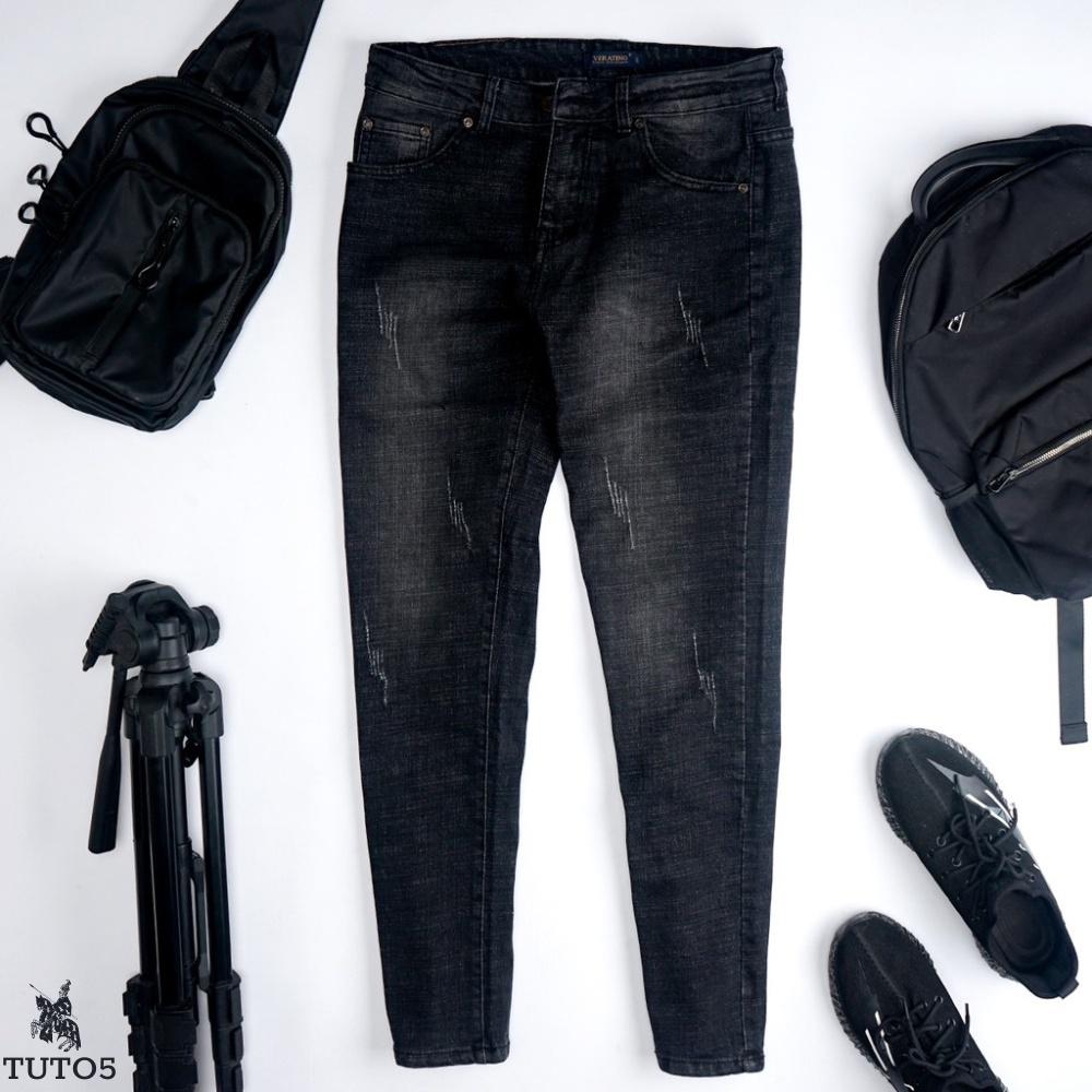 Quần jeans nam TUTO5 Menswear ống đứng Slimfit vải bò xước đẹp cao cấp có co giãn mềm thoải mái màu xanh, đen trơn JT01