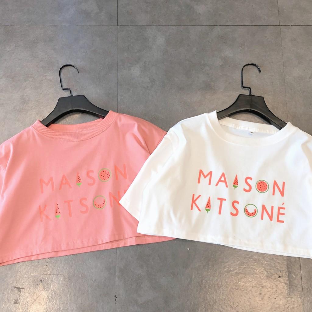 Áo Croptop Tay Lỡ MAISON KITSONE Unisex (Trắng/Hồng) - D14