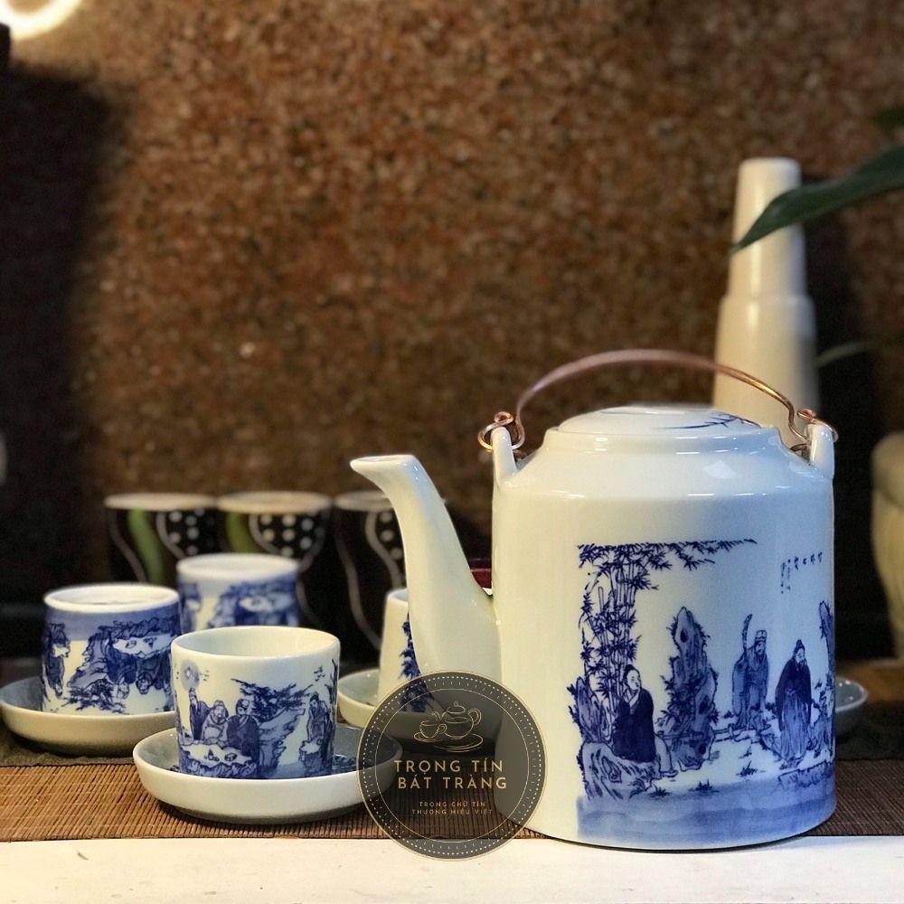 Bộ Ấm Chén Tích Trà Đạo Gốm Trắng Men Lam Bát Tràng Trúc Lâm Thất Hiền Dáng Tích Lan ATA 25