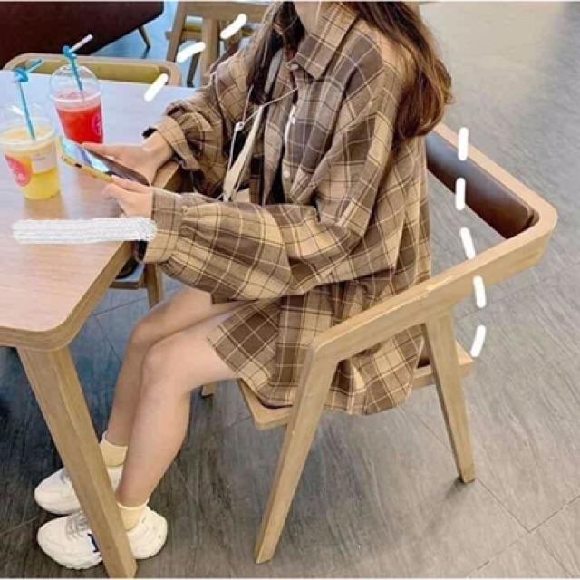 Áo Sơ Mi Nữ Hàn Quốc Sơ mi kẻ nâu đen tay bồng KOREA SIÊU XINH