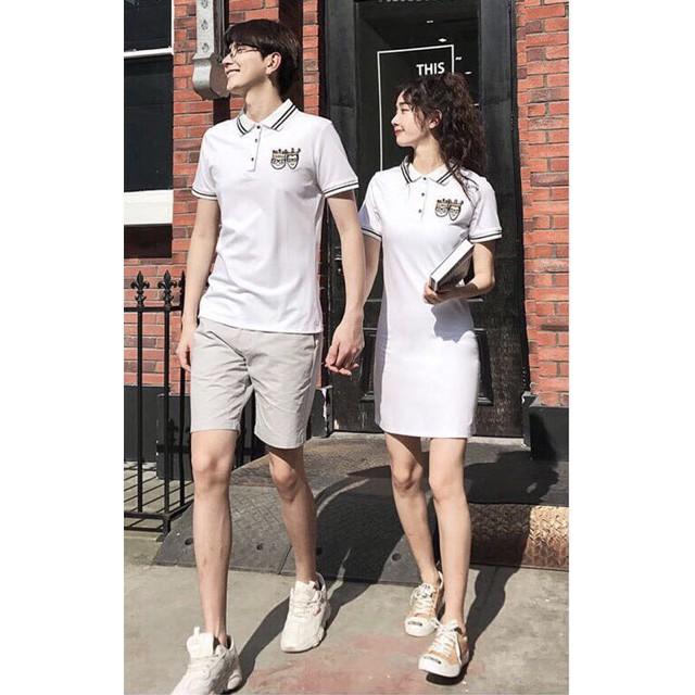 Áo đôi: Váy thun form body kiểu polo King Queen + Áo polo nam