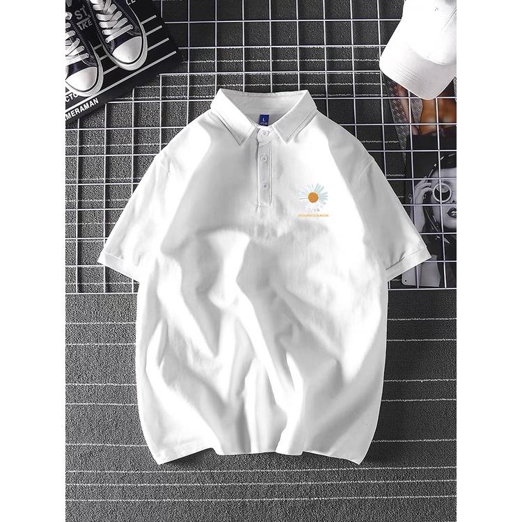 Áo polo nam nữ thêu hoa cúc và thêu chữ trước ngực, chất cotton thâm hút mồ hôi, áo cổ bẻ