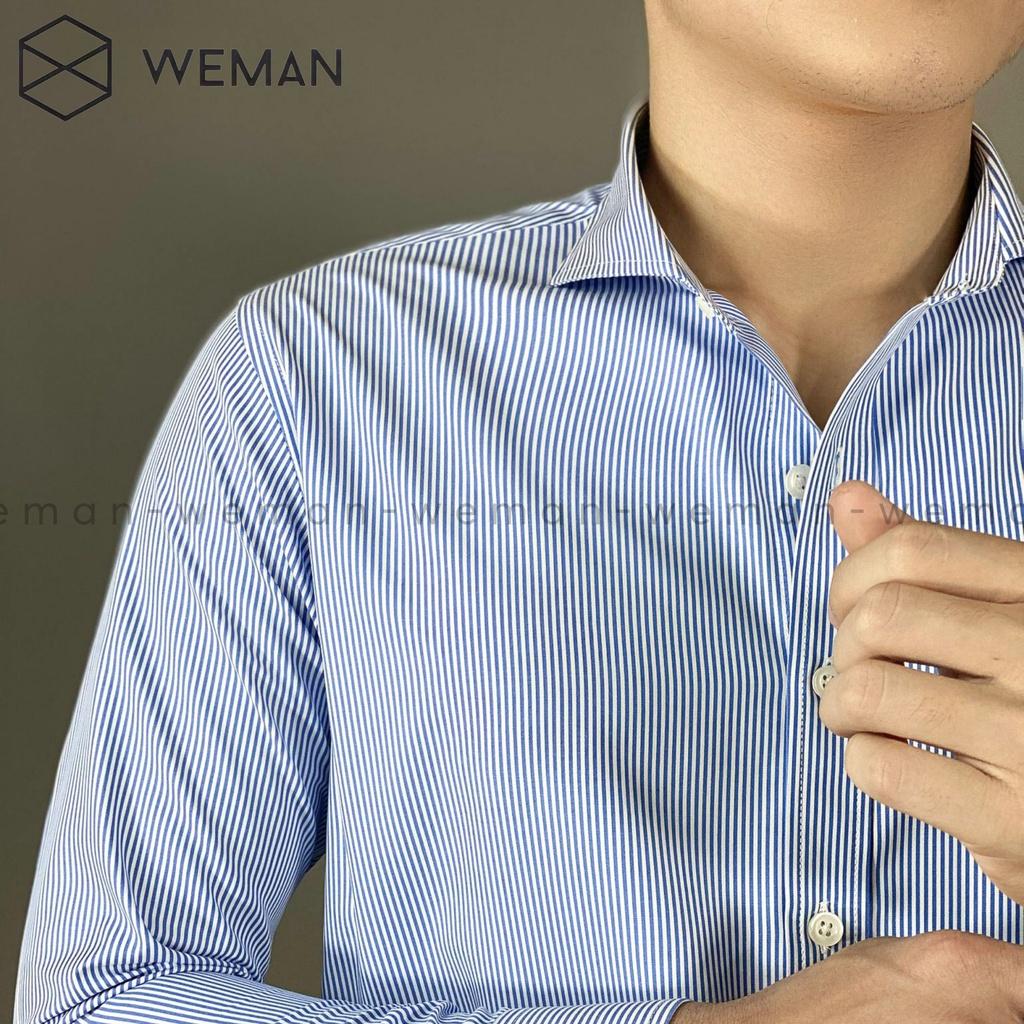 Áo Sơ Mi Sọc Nam, Áo Sơ Mi Nam Kẻ Sọc Xanh Cổ Cutaway Sang Trọng, Chất Liệu Cao Cấp Mịn Mát Thấm Hút Mồ Hôi WEMAN - KS02