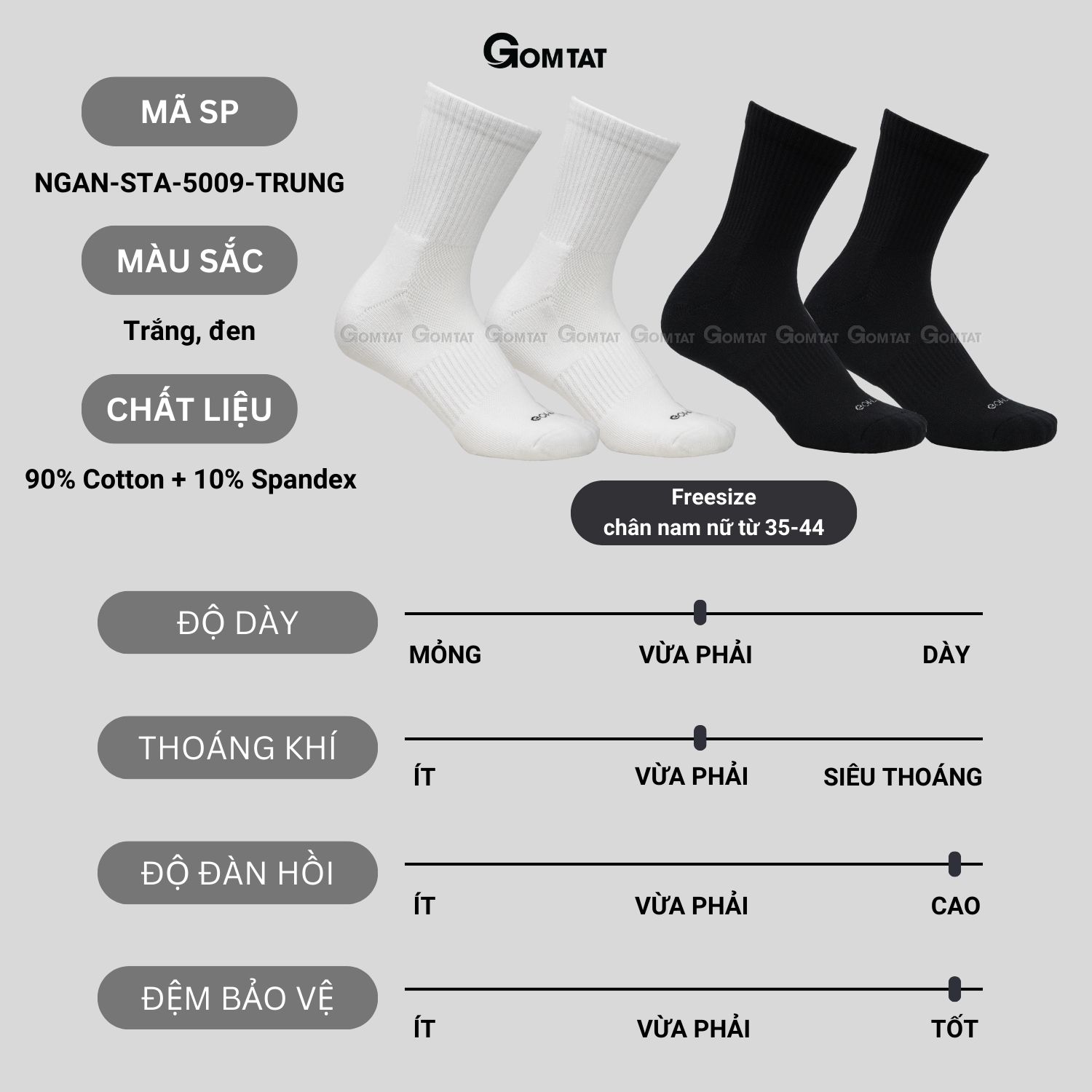 Combo 5 đôi vớ nam nữ cổ lửng GOMTAT, chất liệu cotton dày dặn, có đệm lót xù êm chân - NGAN-STA-5009-TRUNG-CB5